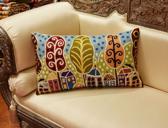 Houses Trees Birds Karla Gerard Accent Pillow Cover Handembroidered Wool 14"x24" - KashmirDesigns