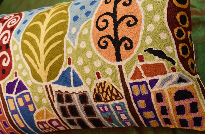 Houses Trees Birds Karla Gerard Accent Pillow Cover Handembroidered Wool 14"x24" - KashmirDesigns