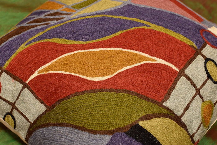 Hundertwasser Biomorph II Cushion Cover Hand Embroidered Wool 18x18" - KashmirDesigns