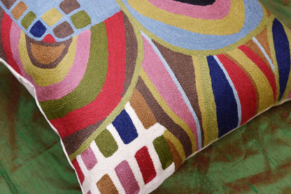 Hundertwasser Pillow Cover Blue Biomorph I Art Nouveau Cushions Hand Embroidered Wool 18x18"