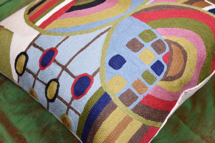 Hundertwasser Pillow Cover Blue Biomorph I Art Nouveau Cushions Hand Embroidered Wool 18x18"