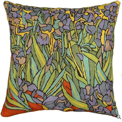 Irises Inspired Van Gogh Throw Pillow Cover Hand Embroidered 18" x 18" - KashmirDesigns