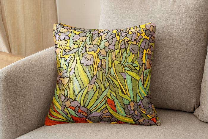 Irises Van Gogh Decorative Pillow Cover Floral Pillowcase Needlepoint Flower Chair Cushion Botanical Plant Hand Embroidered Wool 18x18 Inch