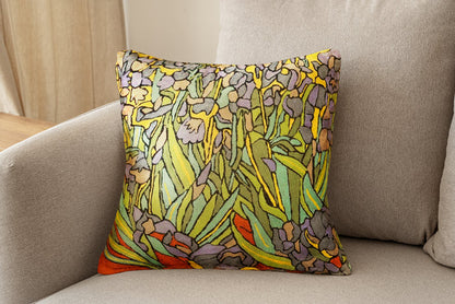 Irises Van Gogh Decorative Pillow Cover Floral Pillowcase Needlepoint Flower Chair Cushion Botanical Plant Hand Embroidered Wool 18x18 Inch