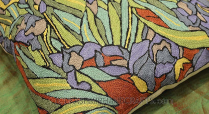 Irises Inspired Van Gogh Throw Pillow Cover Hand Embroidered 18" x 18" - KashmirDesigns