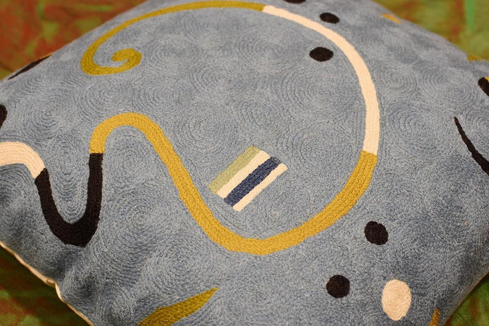 Kandinsky Blue Ribbon Cushion Cover Hand Embroidered 18" x 18" - KashmirDesigns
