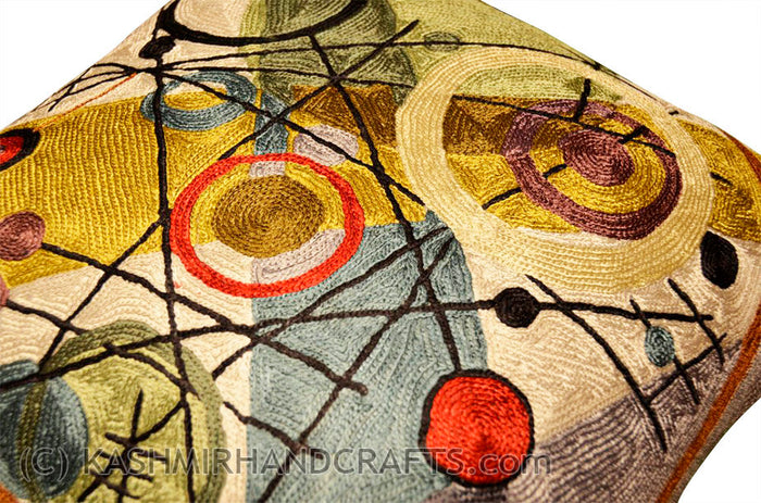 Kandinsky Cushion Cover Circles In A Circle Silk Hand Embroidered Art Silk 18x18" - KashmirDesigns