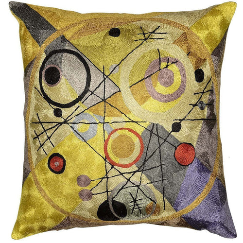 Kandinsky Cushion Cover Circles In Circle III Yellow Handembroidered Art Silk 18x18" - KashmirDesigns