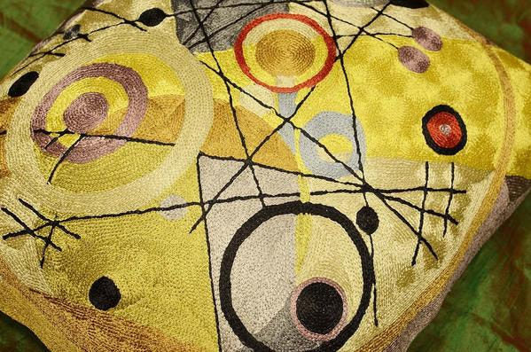 Kandinsky Cushion Cover Circles In Circle III Yellow Handembroidered Art Silk 18x18" - KashmirDesigns