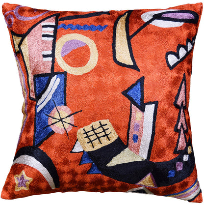 Kandinsky Rust Pillow Cover Mit Und Gegen Copper Accent Pillows Hand Embroidered Art Silk 18x18" - KashmirDesigns