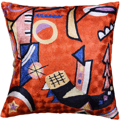 Kandinsky Rust Pillow Cover Mit Und Gegen Copper Accent Pillows Hand Embroidered Art Silk 18x18" - KashmirDesigns