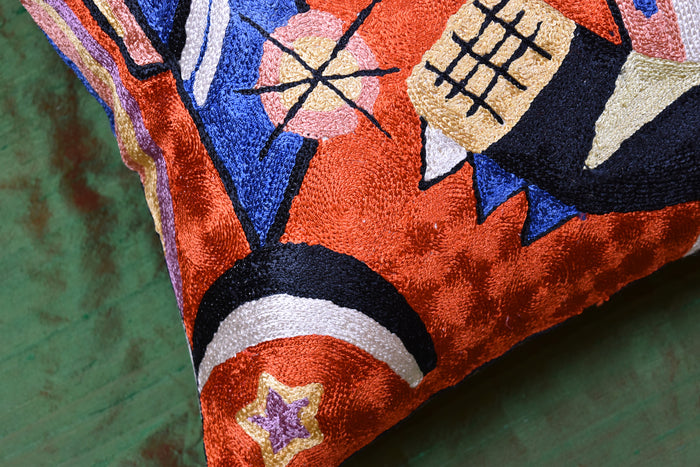 Kandinsky Rust Pillow Cover Mit Und Gegen Copper Accent Pillows Hand Embroidered Art Silk 18x18" - KashmirDesigns