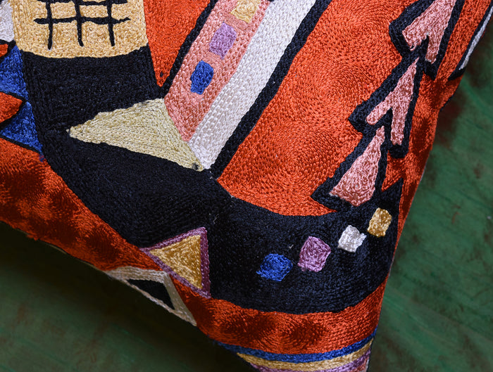 Kandinsky Rust Pillow Cover Mit Und Gegen Copper Accent Pillows Hand Embroidered Art Silk 18x18" - KashmirDesigns