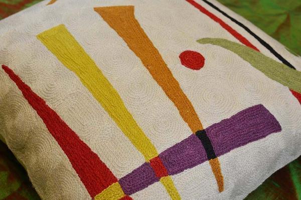 Kandinsky  Synaesthesia Abstract Cream Pillow Cover Wool Handembroidered 18" x 18" - KashmirDesigns