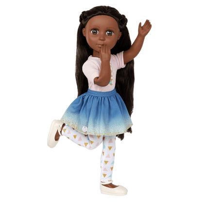 14-inch posable doll with dark brown hair and brown eyes