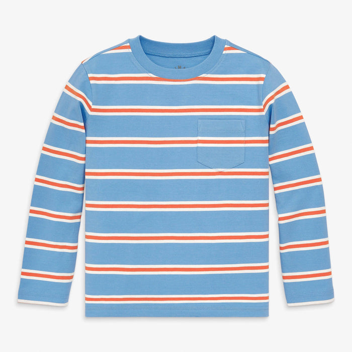 Kids Long Sleeve Pocket Tee in Cornflower & Clementine Varsity Stripe