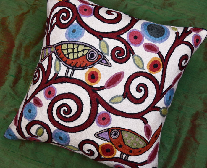 Klimt Ivory Pillow Cover Birds Tree of Life Cream Decorative Cushion Wool 18x18"