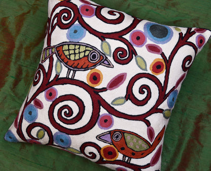 Klimt Ivory Pillow Cover Birds Tree of Life Cream Decorative Cushion Wool 18x18"