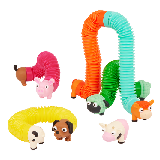 Stretchy toy animals including a horse, a cow, a sheep, a dog and a pig