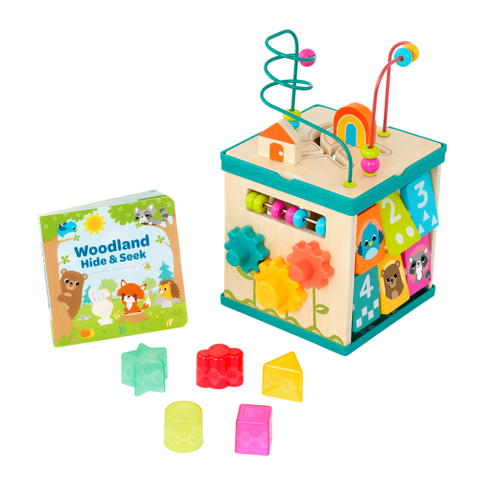 tabletop portable wooden activity cube and baby book