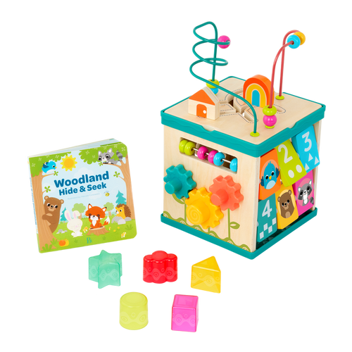 tabletop portable wooden activity cube and baby book
