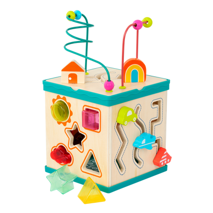 tabletop portable wooden activity cube and baby book