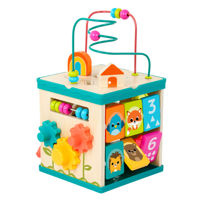 tabletop portable wooden activity cube and baby book