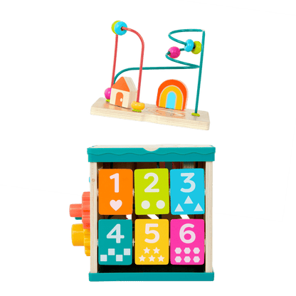 tabletop portable wooden activity cube and baby book