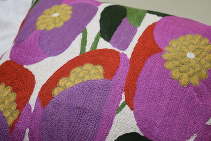 Lily Floral Pillow Cover | Pink Flower Pillowcase | Floral Outdoor Pillows |Suzani Accent Pillow | Flower Pillow | Floral Chair Cushion | Hand Embroidered Cushion Wool Size - 18x18