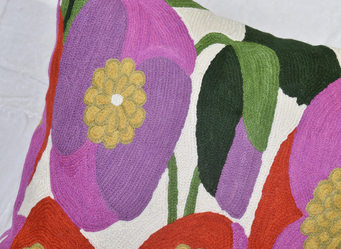 Lily Floral Pillow Cover | Pink Flower Pillowcase | Floral Outdoor Pillows |Suzani Accent Pillow | Flower Pillow | Floral Chair Cushion | Hand Embroidered Cushion Wool Size - 18x18