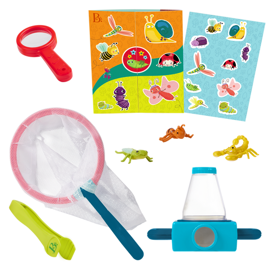 Little Explorer's Pack with 2-way toy microscope, reusable sticker book, and bug catching toys
