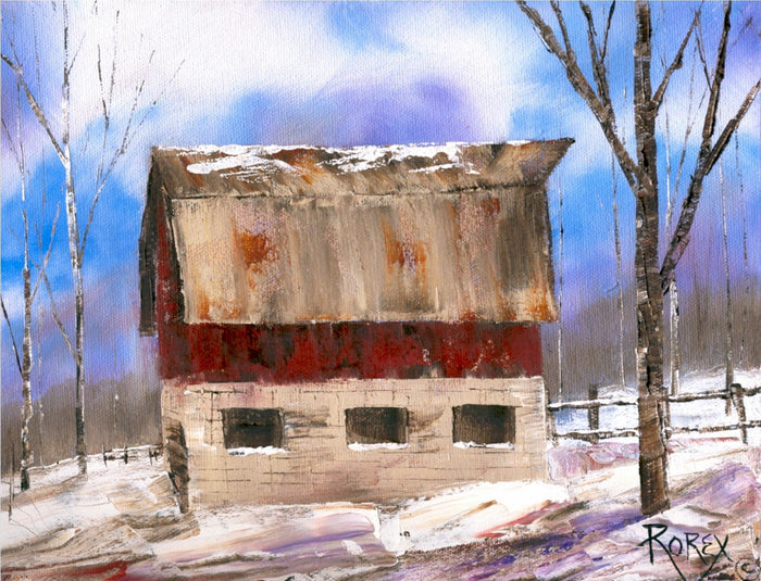 unique little barn in snow scene