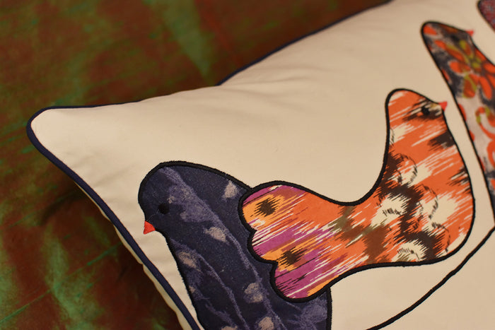 Lumbar Beige Birds On Wire Decorative Pillow Cover Cotton Applique Work 14"x20" - KashmirDesigns