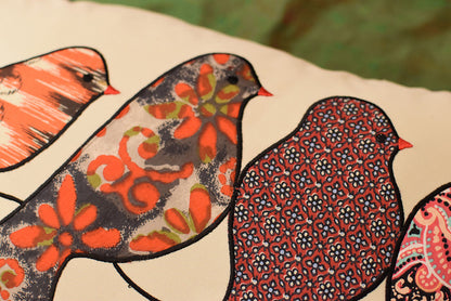 Lumbar Beige Birds On Wire Decorative Pillow Cover Cotton Applique Work 14"x20" - KashmirDesigns