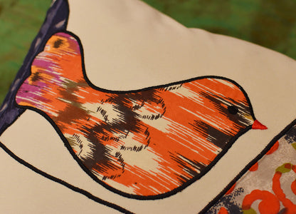 Lumbar Beige Birds On Wire Decorative Pillow Cover Cotton Applique Work 14"x20" - KashmirDesigns