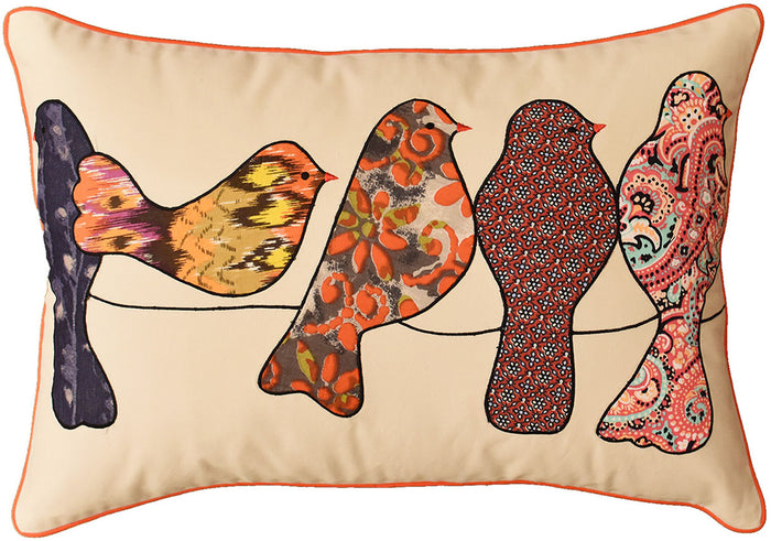 Lumbar Beige Birds On Wire I Decorative Pillow Cover Cotton Applique 14"x20" - KashmirDesigns