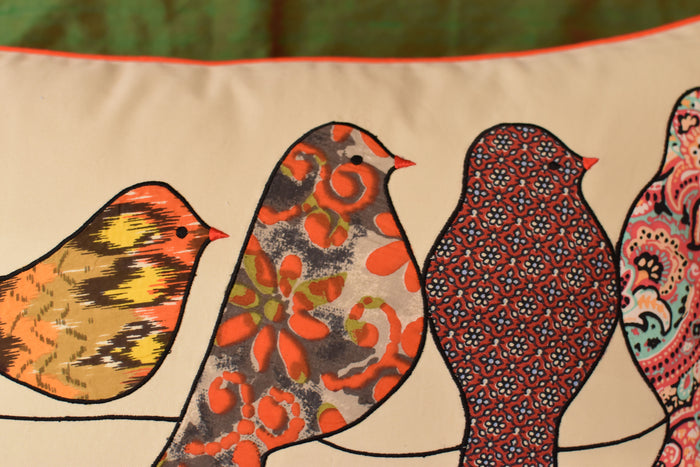 Lumbar Beige Birds On Wire I Decorative Pillow Cover Cotton Applique 14"x20" - KashmirDesigns
