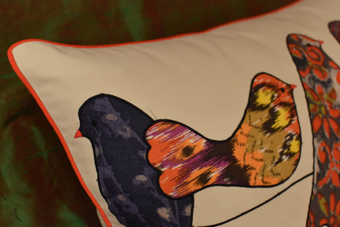 Lumbar Beige Birds On Wire I Decorative Pillow Cover Cotton Applique 14"x20" - KashmirDesigns