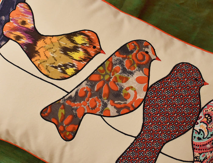 Lumbar Beige Birds On Wire I Decorative Pillow Cover Cotton Applique 14"x20" - KashmirDesigns