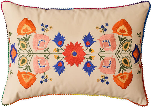 Lumbar Beige Floral Cotton Decorative Pillow Cover Silk Embroidery  14"x20" - KashmirDesigns