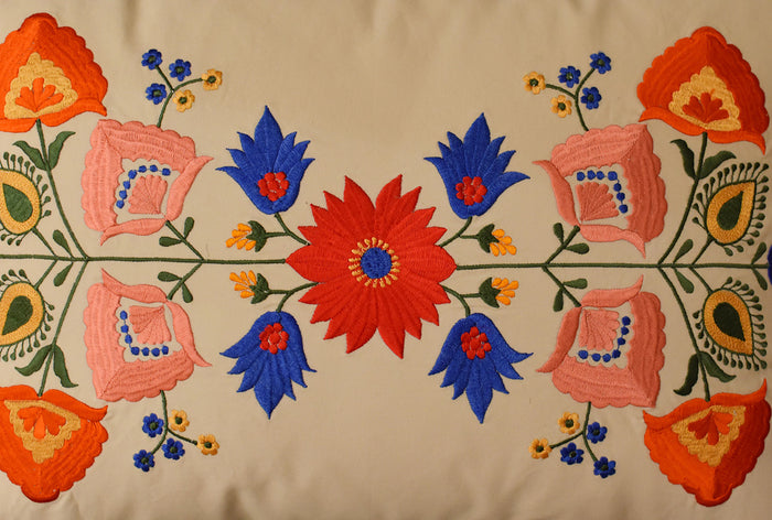 Lumbar Beige Floral Cotton Decorative Pillow Cover Silk Embroidery  14"x20" - KashmirDesigns