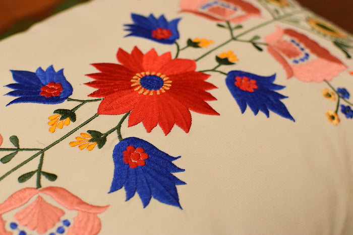 Lumbar Beige Floral Cotton Decorative Pillow Cover Silk Embroidery  14"x20" - KashmirDesigns