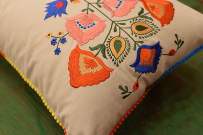Lumbar Beige Floral Cotton Decorative Pillow Cover Silk Embroidery  14"x20" - KashmirDesigns