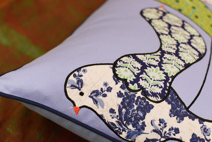 Lumbar Blue Birds On Wire Decorative Pillow Cover Cotton Applique Work 14"x20" - KashmirDesigns