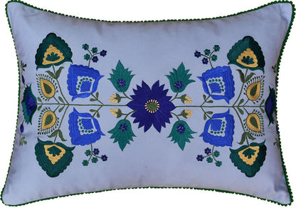 Lumbar Blue Floral Cotton Decorative Pillow Cover Silk Embroidery  14"x20" - KashmirDesigns