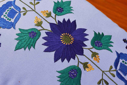 Lumbar Blue Floral Cotton Decorative Pillow Cover Silk Embroidery  14"x20" - KashmirDesigns