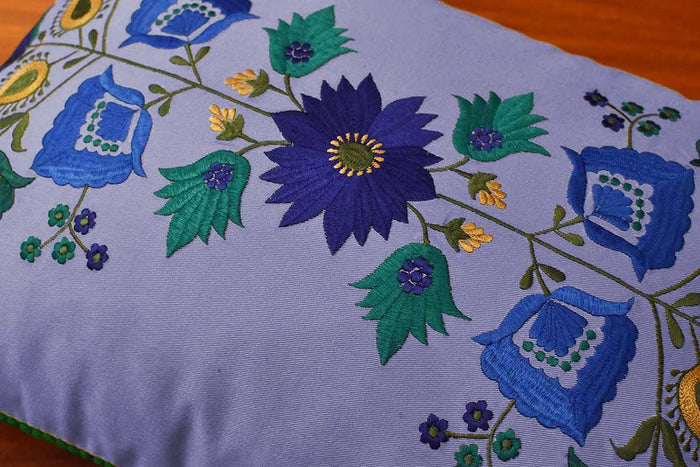 Lumbar Blue Floral Cotton Decorative Pillow Cover Silk Embroidery  14"x20" - KashmirDesigns