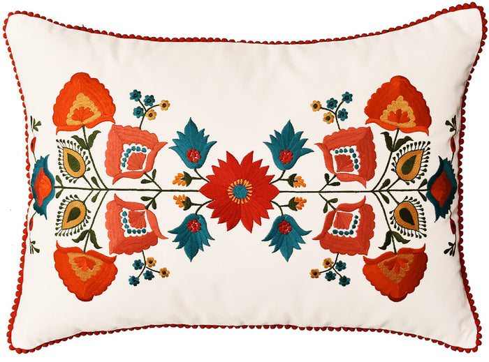 Lumbar White Floral Cotton Decorative Pillow Cover Silk Embroidery 14"x20" - KashmirDesigns