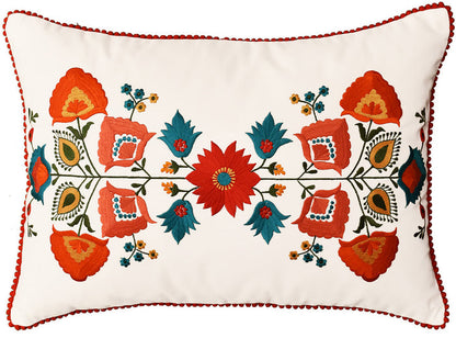 Lumbar White Floral Cotton Decorative Pillow Cover Silk Embroidery 14"x20" - KashmirDesigns