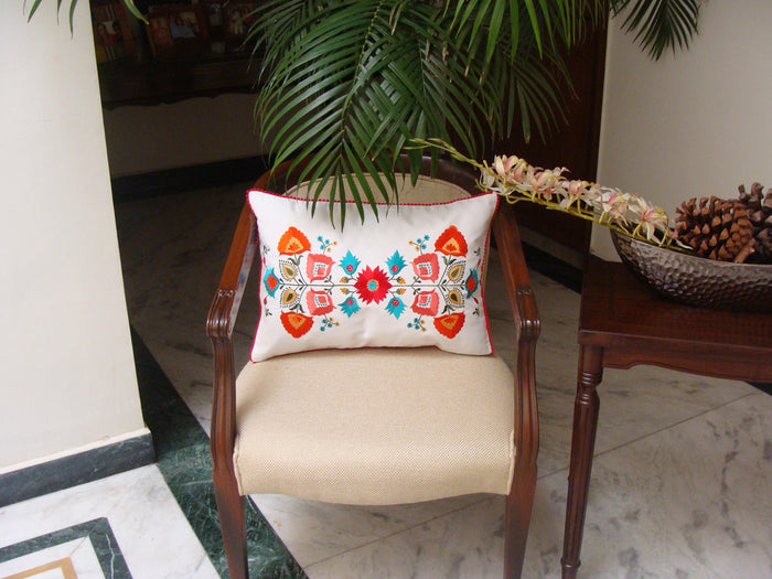 Lumbar White Floral Cotton Decorative Pillow Cover Silk Embroidery 14"x20" - KashmirDesigns